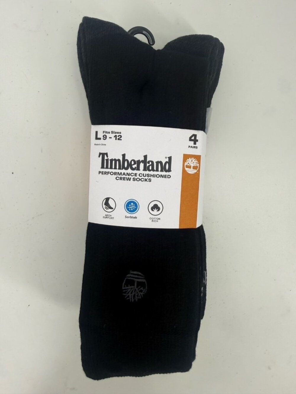 Men’s Timberland Performance Cushioned Crew Socks 4 Pairs Black Size Large